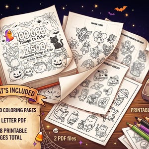 Może przedstawiać: Cyfrowy zestaw kolorowanek zawierający 250 stron z motywami Halloween i wr&oacute;żek. Okładka przedstawia 100,000 Things to Color oraz 2,500 Halloween Things to Color od Color Studio Lab. Zawiera pliki PDF w formacie US Letter do druku.
