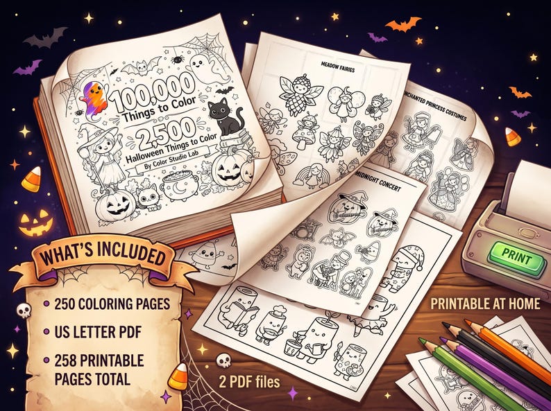 Może przedstawiać: Cyfrowy zestaw kolorowanek zawierający 250 stron z motywami Halloween i wr&oacute;żek. Okładka przedstawia 100,000 Things to Color oraz 2,500 Halloween Things to Color od Color Studio Lab. Zawiera pliki PDF w formacie US Letter do druku.