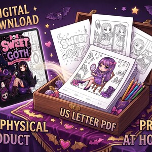 May include: A digital download colouring book titled Sweet & Goth featuring a tablet displaying the cover art and a wooden box filled with US Letter PDF colouring pages. The pages show illustrations of a character with purple hair and gothic items.