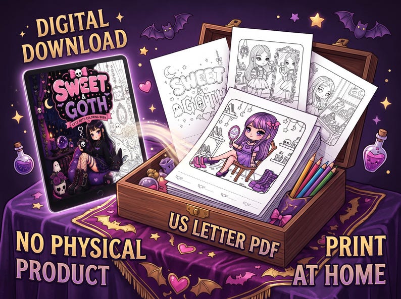 May include: A digital download colouring book titled Sweet & Goth featuring a tablet displaying the cover art and a wooden box filled with US Letter PDF colouring pages. The pages show illustrations of a character with purple hair and gothic items.
