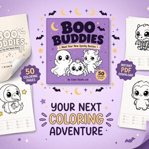 May include: A Boo Buddies coloring book with a purple cover featuring a ghost, spider, and demon character. The text reads Boo Buddies Meet Your New Spooky Besties by Color Studio Lab. Includes 50 coloring pages and 50 characters to color.