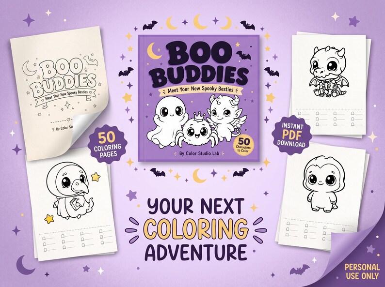 May include: A Boo Buddies coloring book with a purple cover featuring a ghost, spider, and demon character. The text reads Boo Buddies Meet Your New Spooky Besties by Color Studio Lab. Includes 50 coloring pages and 50 characters to color.