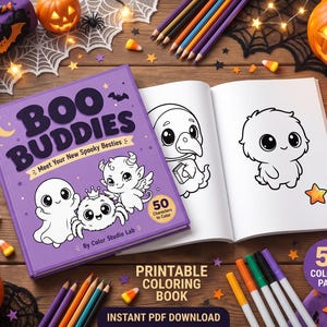 May include: A purple coloring book titled Boo Buddies with illustrations of a ghost, a spider, and a winged creature on the cover. The book is open to pages showing line art of a ghost and a small monster, surrounded by colored pencils and pumpkins.