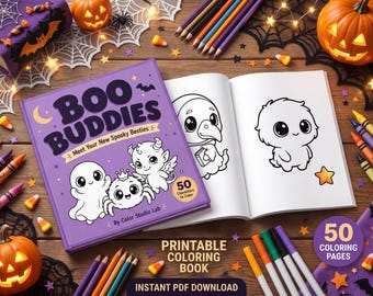 May include: A purple colouring book titled Boo Buddies with illustrations of a ghost, a spider, and a winged creature on the cover. The book is open to pages showing line art of a ghost and a small monster, surrounded by coloured pencils and pumpkins.
