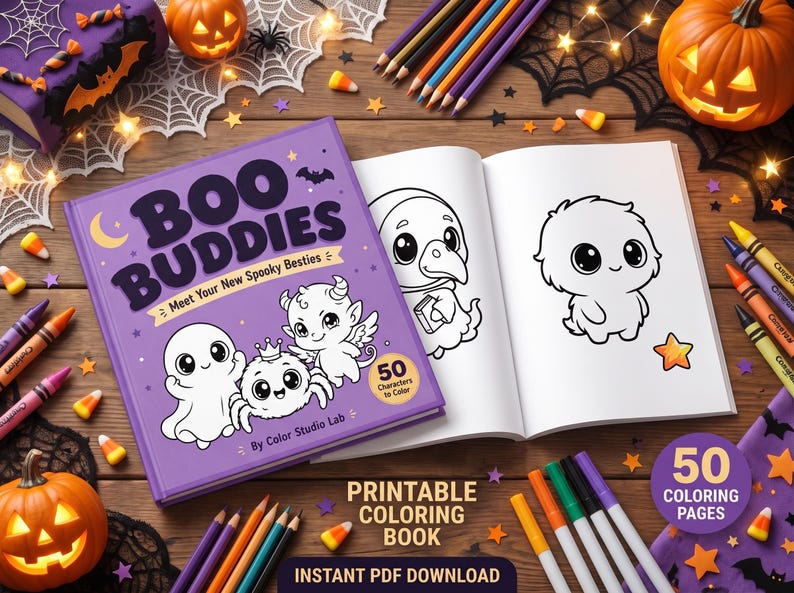 May include: A purple coloring book titled Boo Buddies with illustrations of a ghost, a spider, and a winged creature on the cover. The book is open to pages showing line art of a ghost and a small monster, surrounded by colored pencils and pumpkins.