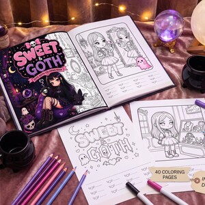 May include: A Sweet & Goth colouring book featuring 40 colouring pages with illustrations of characters in gothic attire, including a cover with a girl and a cat, alongside loose colouring sheets, coloured pencils, and markers for an instant PDF download.