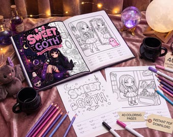 May include: A Sweet & Goth coloring book featuring 40 coloring pages with illustrations of characters in gothic attire, including a cover with a girl and a cat, alongside loose coloring sheets, colored pencils, and markers for an instant PDF download.