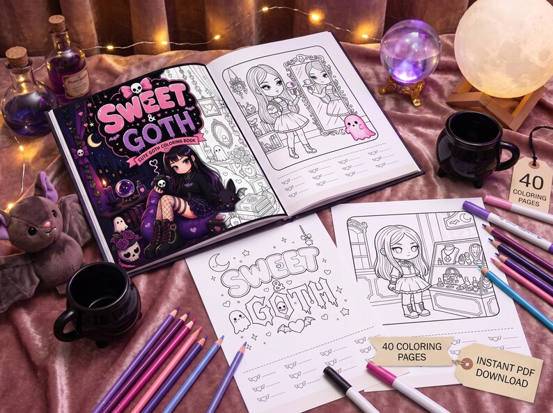 May include: A Sweet & Goth colouring book featuring 40 colouring pages with illustrations of characters in gothic attire, including a cover with a girl and a cat, alongside loose colouring sheets, coloured pencils, and markers for an instant PDF download.