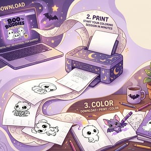 May include: A digital illustration showing a three-step process for a Boo Buddies coloring book. A laptop displays the digital PDF, a printer produces pages with ghost and creature line art, and an open book shows colored illustrations.