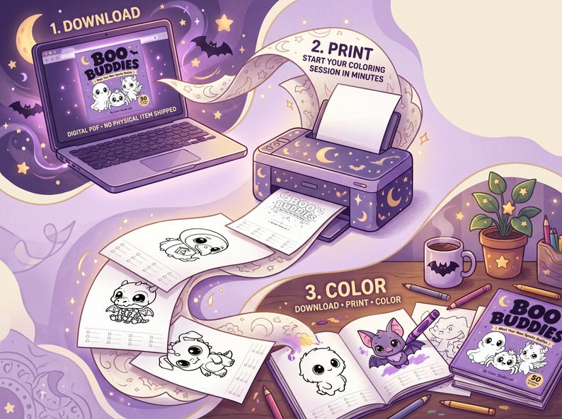 May include: A digital illustration showing a three-step process for a Boo Buddies coloring book. A laptop displays the digital PDF, a printer produces pages with ghost and creature line art, and an open book shows colored illustrations.