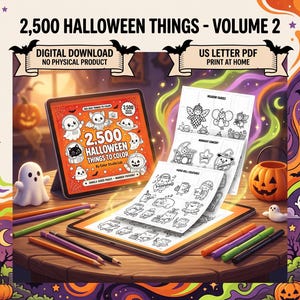 Może przedstawiać: Cyfrowa kolorowanka zatytułowana 2,500 Halloween Things - Volume 2 wyświetlona na ekranie tabletu, w towarzystwie wydrukowanych stron z czarno-białymi rysunkami postaci halloweenowych, kredkami i małą figurką ducha.