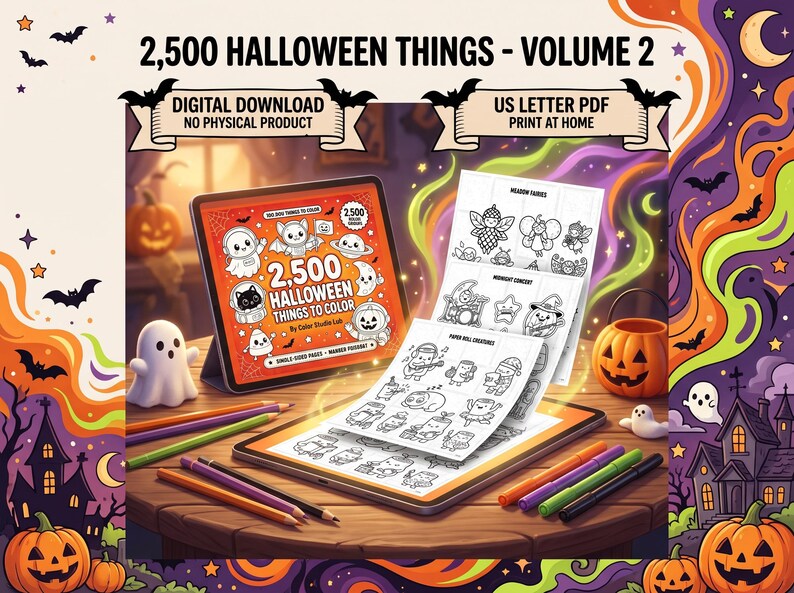 Może przedstawiać: Cyfrowa kolorowanka zatytułowana 2,500 Halloween Things - Volume 2 wyświetlona na ekranie tabletu, w towarzystwie wydrukowanych stron z czarno-białymi rysunkami postaci halloweenowych, kredkami i małą figurką ducha.