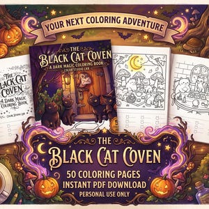 Peut inclure: Un livre de coloriage num&eacute;rique intitul&eacute; The Black Cat Coven comprenant 50 pages d'illustrations de magie noire. L'image montre la couverture du livre, des pages int&eacute;rieures avec des dessins de chats et champignons, des citrouilles et des fioles.