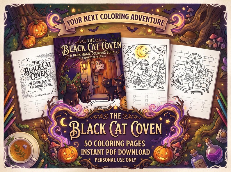 Peut inclure: Un livre de coloriage num&eacute;rique intitul&eacute; The Black Cat Coven comprenant 50 pages d'illustrations de magie noire. L'image montre la couverture du livre, des pages int&eacute;rieures avec des dessins de chats et champignons, des citrouilles et des fioles.