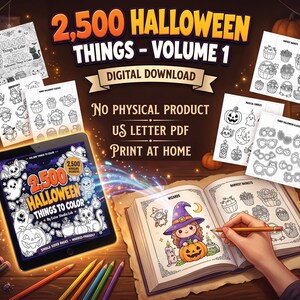 Może przedstawiać: Cyfrowy zestaw do pobrania zatytułowany 2,500 Halloween Things - Volume 1, zawierający tablet z okładką, wiele stron PDF do druku w formacie US letter z czarno-białymi rysunkami liniowymi oraz otwartą książkę, kt&oacute;ra jest kolorowana.