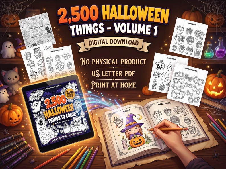 Może przedstawiać: Cyfrowy zestaw do pobrania zatytułowany 2,500 Halloween Things - Volume 1, zawierający tablet z okładką, wiele stron PDF do druku w formacie US letter z czarno-białymi rysunkami liniowymi oraz otwartą książkę, kt&oacute;ra jest kolorowana.