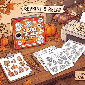 Może przedstawiać: Kolorowanka na Halloween zatytułowana 2,500 Halloween Things to Color od Color Studio Lab, zawierająca ilustracje duch&oacute;w, nietoperzy i dyń. Scena obejmuje drukarkę, wydrukowane strony do kolorowania, kredki i dynie.