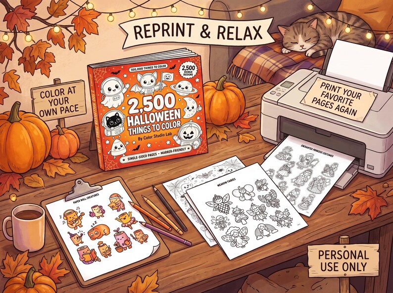 Może przedstawiać: Kolorowanka na Halloween zatytułowana 2,500 Halloween Things to Color od Color Studio Lab, zawierająca ilustracje duch&oacute;w, nietoperzy i dyń. Scena obejmuje drukarkę, wydrukowane strony do kolorowania, kredki i dynie.