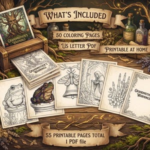 May include: A digital collection of 50 colouring pages titled Grandmother's Warnings in US Letter PDF format. The image displays a wooden printer dispensing pages, glass potion bottles, and various line art illustrations of a toad, moth, and skeleton hand.
