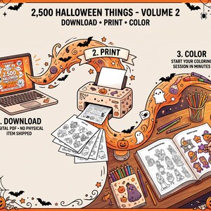 Może przedstawiać: Cyfrowa grafika produktu zatytułowana 2,500 HALLOWEEN THINGS - VOLUME 2, przedstawiająca laptopa, drukarkę i kolorowankę. Obraz ilustruje trzyetapowy proces: 1. DOWNLOAD, 2. PRINT, 3. COLOR, z pomarańczowymi i czarnymi motywami halloweenowymi.