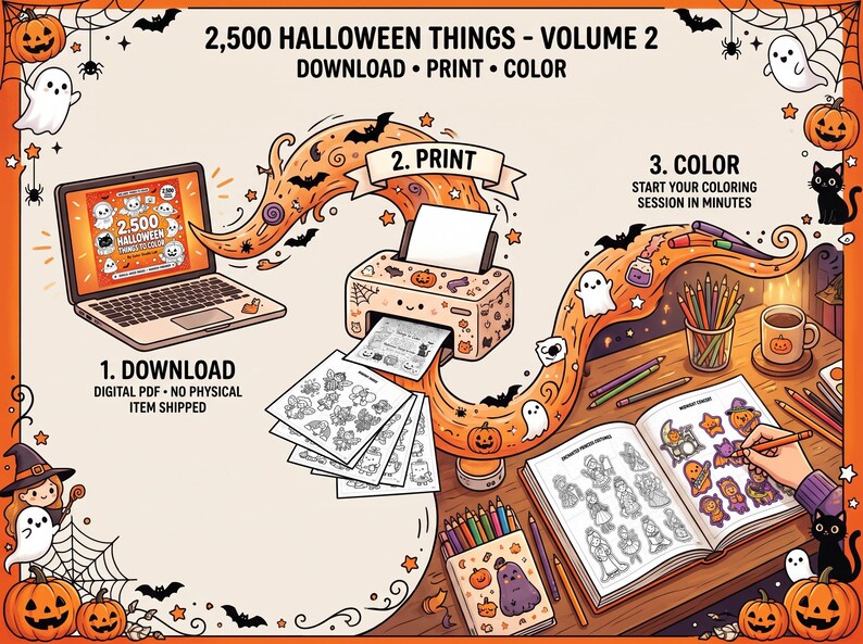 Może przedstawiać: Cyfrowa grafika produktu zatytułowana 2,500 HALLOWEEN THINGS - VOLUME 2, przedstawiająca laptopa, drukarkę i kolorowankę. Obraz ilustruje trzyetapowy proces: 1. DOWNLOAD, 2. PRINT, 3. COLOR, z pomarańczowymi i czarnymi motywami halloweenowymi.