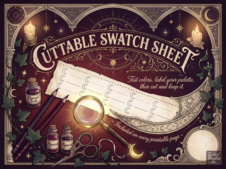 May include: A cuttable swatch sheet with a dark purple background, featuring the text "CUTTABLE SWATCH SHEET", "Test colors, label your palette, then cut and keep it.", and "Included on every printable page". Includes pencils, ink bottles, a magnifying glass, and scissors.