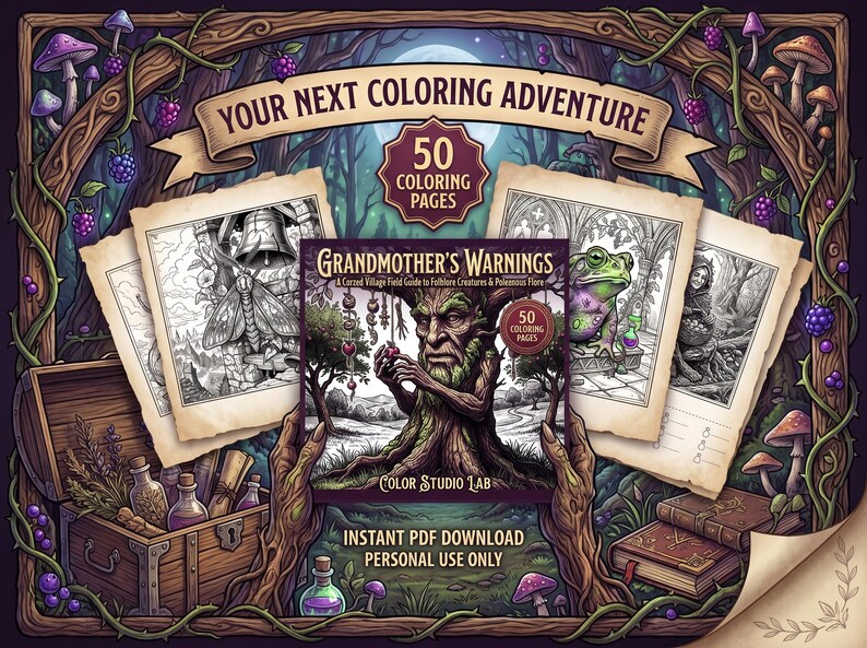 May include: A digital colouring book titled Grandmother's Warnings: A Cursed Village Field Guide to Folklore Creatures & Poisonous Flora, featuring 50 colouring pages. The cover displays a tree-like figure, with additional sample pages shown.