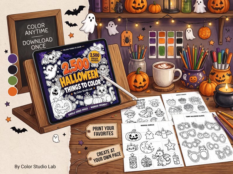 Może przedstawiać: Tablet cyfrowy na drewnianej podstawce wyświetla okładkę kolorowanki na Halloween z napisem 2,500 HALLOWEEN THINGS TO COLOR. Obok znajdują się wydrukowane arkusze do kolorowania z duchami, dyniami i okularami oraz kredki i pisaki na stole.