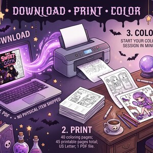 May include: A digital colouring book set featuring a laptop displaying a Sweet Goth cover, a printer outputting pages, and a desk with coloured pencils, skull mugs, and books. Text includes DOWNLOAD, PRINT, COLOUR, and 40 colouring pages total.