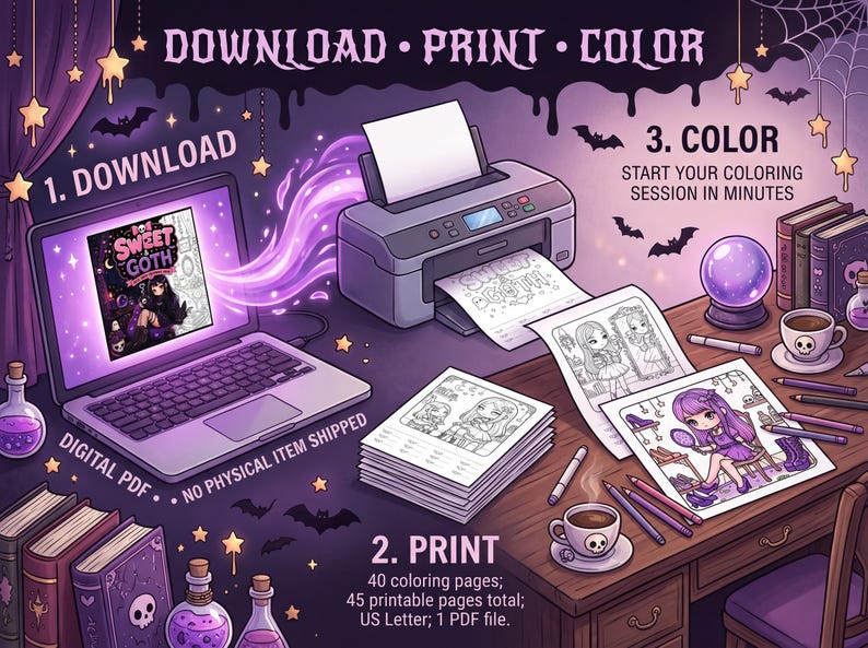May include: A digital colouring book set featuring a laptop displaying a Sweet Goth cover, a printer outputting pages, and a desk with coloured pencils, skull mugs, and books. Text includes DOWNLOAD, PRINT, COLOUR, and 40 colouring pages total.