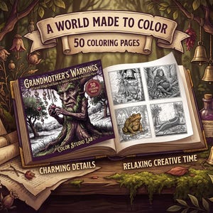 May include: An open colouring book titled Grandmother's Warnings with a cover illustration of a tree-like figure. The book displays four black and white line art pages featuring a bell, a figure, a toad, and a creature. Text includes A WORLD MADE TO COLOUR.