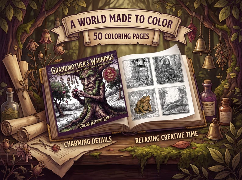 May include: An open colouring book titled Grandmother's Warnings with a cover illustration of a tree-like figure. The book displays four black and white line art pages featuring a bell, a figure, a toad, and a creature. Text includes A WORLD MADE TO COLOUR.