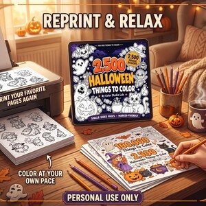 Może przedstawiać: Tablet cyfrowy z okładką kolorowanki na Halloween zatytułowaną 2,500 HALLOWEEN THINGS TO COLOR od Color Studio Lab, obok drukarka, stos wydrukowanych stron do kolorowania, kredki oraz kubek z ilustracją ducha.