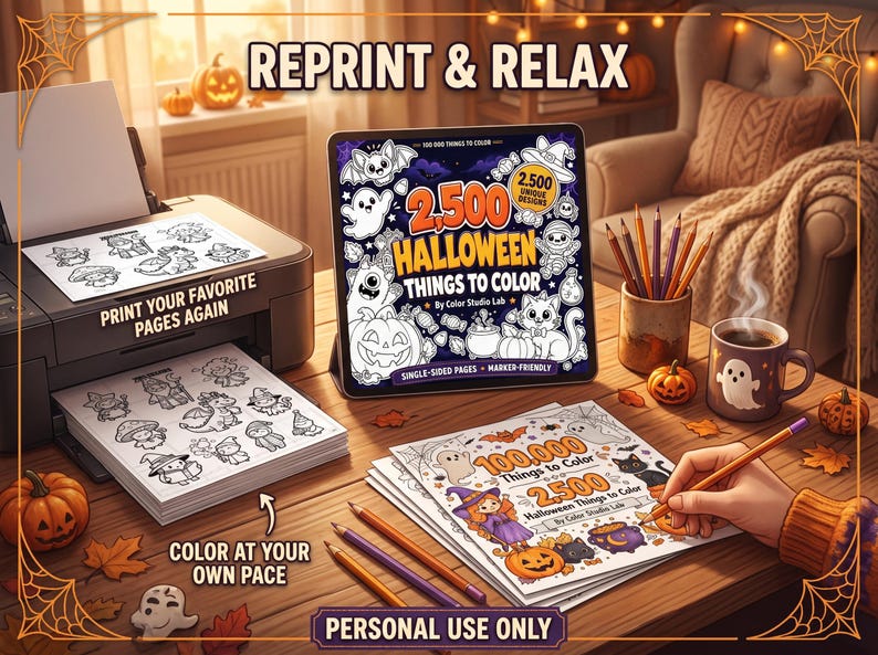 Może przedstawiać: Tablet cyfrowy z okładką kolorowanki na Halloween zatytułowaną 2,500 HALLOWEEN THINGS TO COLOR od Color Studio Lab, obok drukarka, stos wydrukowanych stron do kolorowania, kredki oraz kubek z ilustracją ducha.