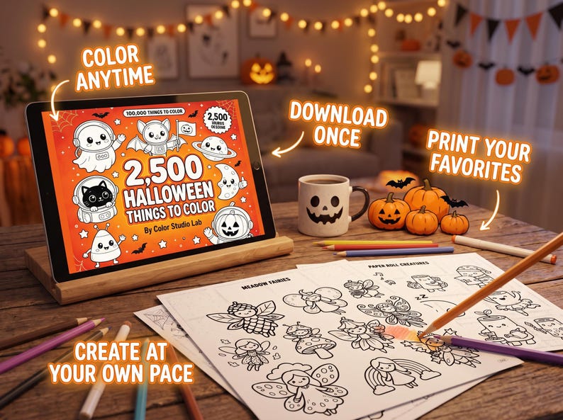 Może przedstawiać: Tablet na drewnianej podstawce wyświetla cyfrową kolorowankę zatytułowaną 2,500 HALLOWEEN THINGS TO COLOR od Color Studio Lab. Obok znajdują się wydrukowane arkusze z rysunkami wr&oacute;żek i stworzeń, kredki oraz kubek z motywem dyni.