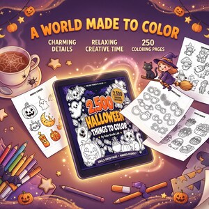Może przedstawiać: Cyfrowy tablet wyświetlający okładkę kolorowanki na Halloween zatytułowaną 2,500 HALLOWEEN THINGS TO COLOR, w otoczeniu wydrukowanych stron z duchami, dyniami i czarownicami, filiżanką kawy oraz kredkami na fioletowym tle.