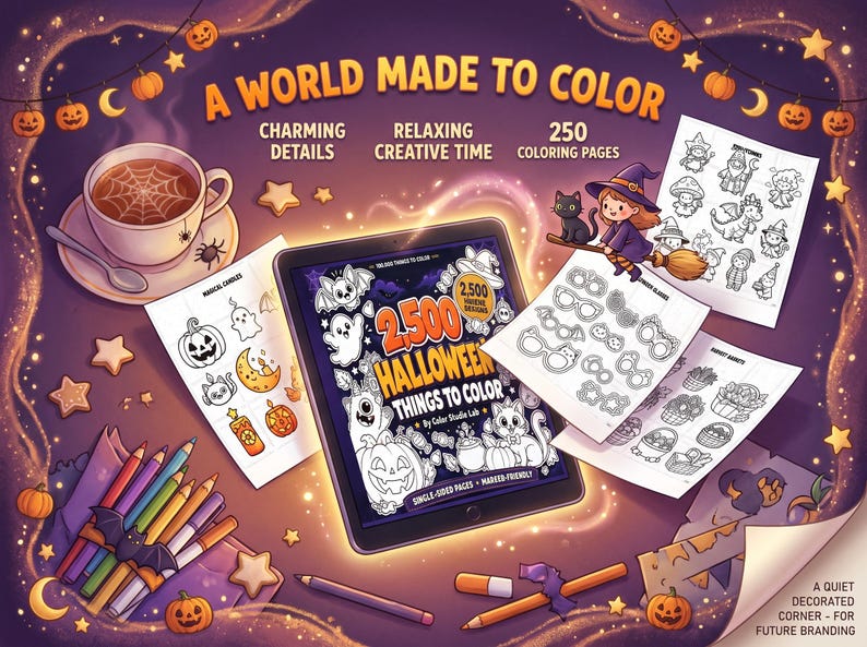 Może przedstawiać: Cyfrowy tablet wyświetlający okładkę kolorowanki na Halloween zatytułowaną 2,500 HALLOWEEN THINGS TO COLOR, w otoczeniu wydrukowanych stron z duchami, dyniami i czarownicami, filiżanką kawy oraz kredkami na fioletowym tle.