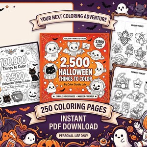 Może przedstawiać: Cyfrowa kolorowanka zatytułowana 2,500 Halloween Things to Color od Color Studio Lab, zawierająca 250 stron czarno-białych ilustracji z duchami, dyniami i nietoperzami, dostępna jako natychmiastowy plik PDF do pobrania.