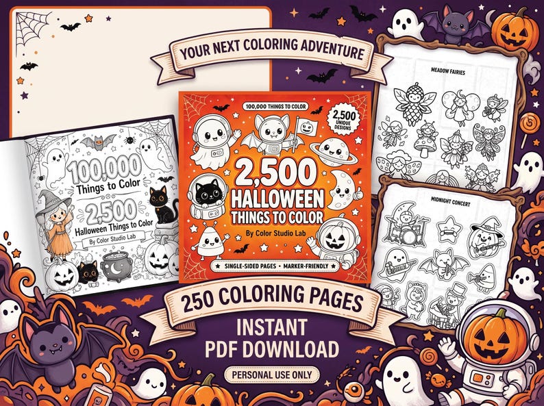 Może przedstawiać: Cyfrowa kolorowanka zatytułowana 2,500 Halloween Things to Color od Color Studio Lab, zawierająca 250 stron czarno-białych ilustracji z duchami, dyniami i nietoperzami, dostępna jako natychmiastowy plik PDF do pobrania.
