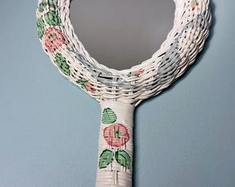Vintage Wicker Hand Mirror, Hand-Painted Pink Roses, Cottagecore Vanity Decor