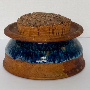 Studio Pottery Lidded Jar, Blue Drip Glaze Stoneware with Thick Cork Lid