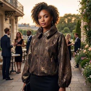 May include: A metallic bronze and black textured bomber jacket with a high collar, long sleeves, and a front zip fastening. The jacket features a subtle, mottled pattern throughout and includes two side pockets with gold-toned zip pulls.