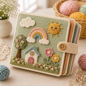Peut inclure: Un livre carré en crochet vert sauge avec une scène paysagère comprenant un nuage blanc, un soleil jaune, un arc-en-ciel, un arbre aux fleurs roses, une petite maison et deux fleurs. Le livre est fermé par une sangle beige et un bouton marron.