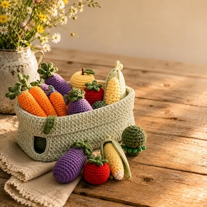 May include: A light green crocheted basket filled with various crocheted vegetables including orange carrots, purple aubergines, red tomatoes, yellow corn, and green broccoli. The items are crafted with textured yarn and feature realistic shapes and colours.