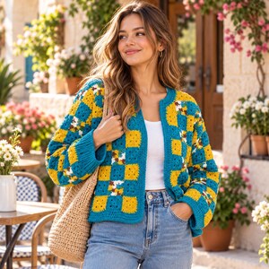 Crochet Quilt Style Cardigan Pattern PDF, Granny Square Cardigan, Colorful Patchwork Sweater, Boho Crochet Clothing, Instant Download