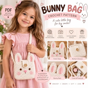 Puede incluir: Un patrón de ganchillo para un bolso de conejo, con un bolso color crema con orejas forradas en rosa, ojos de botón marrones, nariz rosa y cierre de botón de madera. El tamaño final es de 11 cm por 13 cm, excluyendo las orejas.