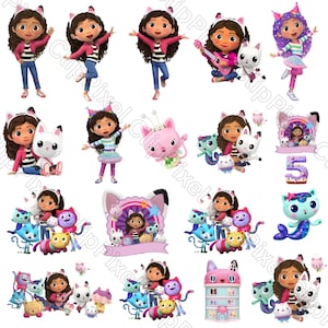 Puede incluir: Una colección de ilustraciones digitales que muestran a un personaje joven de cabello castaño rizado con orejas de gato, acompañado de varios gatos de dibujos animados coloridos, una casa de muñecas rosa y un número cinco grande.