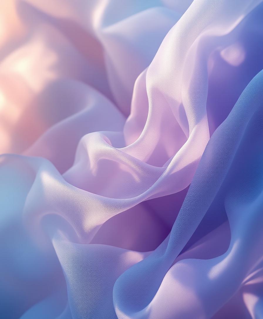 May include: A lightweight, semi-sheer fabric featuring soft, flowing folds and drapes. The material displays a gradient color palette transitioning from pale peach and warm pink tones into vibrant lavender, soft violet, and deep blue hues.