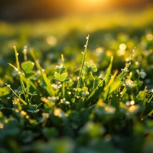 May include: A patch of vibrant green grass and small clover leaves covered in tiny, glistening dew drops. The blades of grass and clover are illuminated by a warm, golden light from the sun, creating a soft, glowing effect on the foliage.
