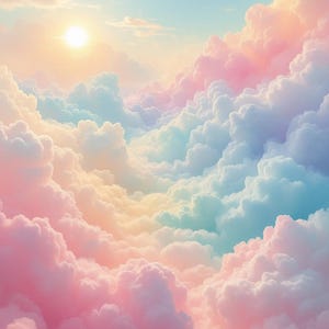 May include: A bright sun shines in the upper left corner of a sky filled with soft, voluminous clouds. The clouds are colored in pastel shades of pink, blue, and yellow, creating a layered, dreamlike atmosphere across the entire frame.